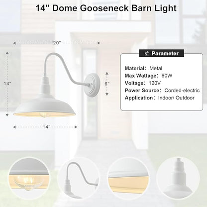 2 Pack 14in Barn Gooseneck Lights for House, White Outdoor Farmhouse Wall Light Fixture for Porch, Exterior Patio Wall Sconce for Front Door, Garage