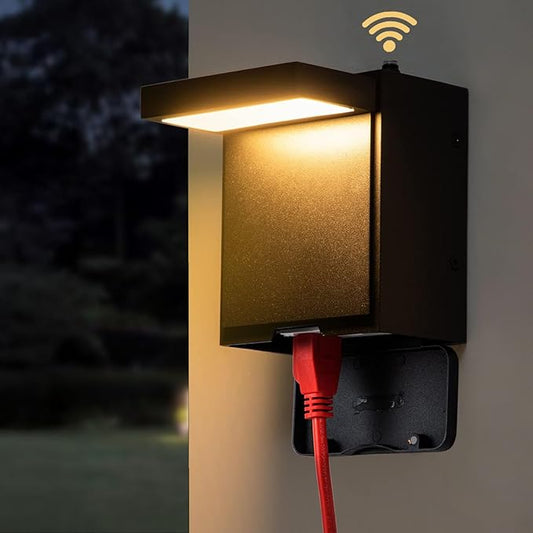 Nigaut LED Outdoor Wall Light with GFCI Outlet,Dusk to Dawn Modern LED Outdoor Porch Light with Two Outlet Built-in,3000K Warm Yellow Outdoor Sconce,IP66 Waterproof Wall Mount External Security