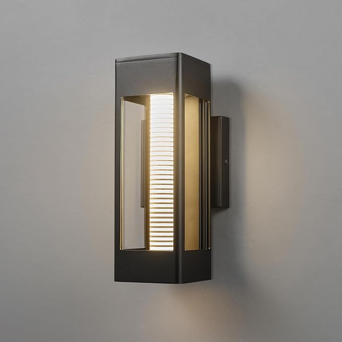 Globe Electric 11W LED Integrated Outdoor Wall Sconce, Matte Black, Horizontal Etched Glass, Downlight, Dimmable | Lumora