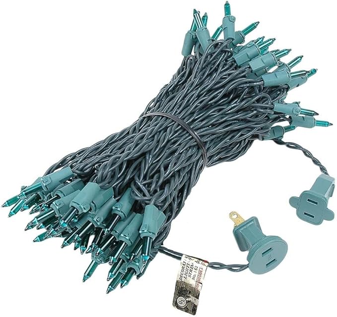 Novelty Lights 50 Feet 100 Bulbs Traditional Incandescent Mini Lights, Green on Green Wire with 6" Spacing, Commercial Grade and UL Listed for Indoor/Outdoor Use, End-to-End Connectable