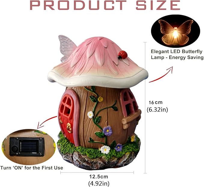 Mushroom Fairy House Garden Statue Outdoor Figurine with Solar Light,Fairy House Garden Decor,Fairy Cottage Ornaments,for Patio Yard Balcony Decoration,Gifts for Mom & Women