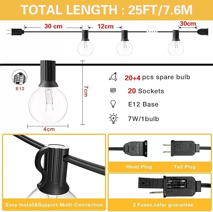 25FT G40 Globe Patio Lights with 20 Edison Glass Bulbs(4 Spare),5W E12 Base Warm Yellow Outdoor String Lights,for Indoor/Outdoor Commercial Decor