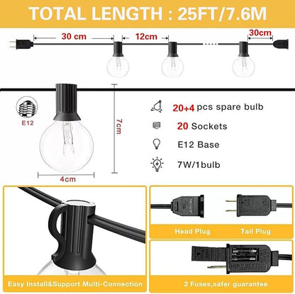 25FT G40 Globe Patio Lights with 20 Edison Glass Bulbs(4 Spare),5W E12 Base Warm Yellow Outdoor String Lights,for Indoor/Outdoor Commercial Decor