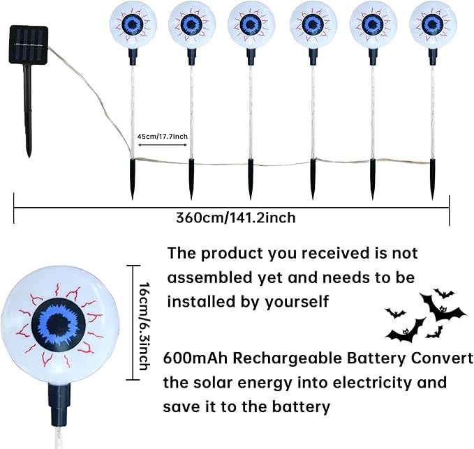 1 Pack Solar Halloween Eyeball Pathway Lights,6 Halloween Eyeball Stake Lighting with 8 Modes for Holiday Home | Lumora