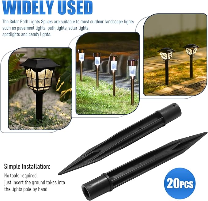20PCS Solar Light Spikes 0.39", 0.64" Christmas Plastic Torch Lights Spikes for Outdoor Yard Garden, I.D.0.39 Inch/10MM, O.D 0.64 inch/16.3 MM, Replacement Stake for Solar Lights Pegs