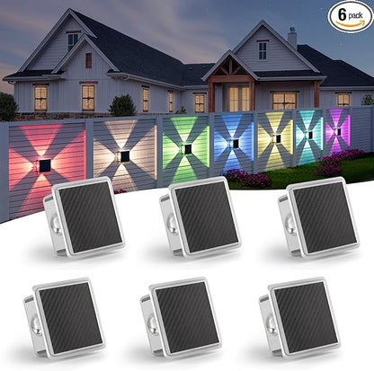 Solar Powered Outdoor Lights, IP65 Waterproof RGB & Warm White Color Changing LED Lights, Efficient Battery for Patio, Stairs, Fence, Yard, Pathway & Garden Decoration, 4-Sided Illumination