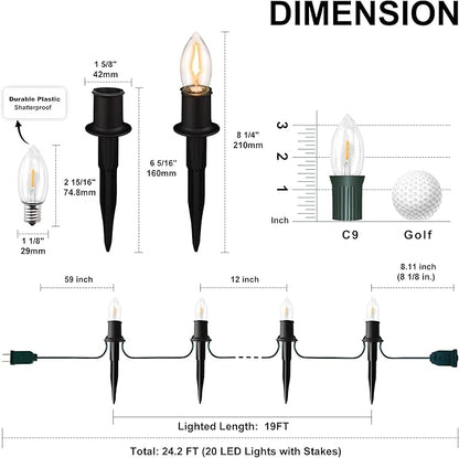 C9 Christmas Pathway Lights Outdoor LED - 24.2 Feet String Lights with 20 Bulbs, Waterproof Christmas Path Lights with Stake for Yard, Garden, Lawn, Walkway, Driveway, Sidewalk, Warm White