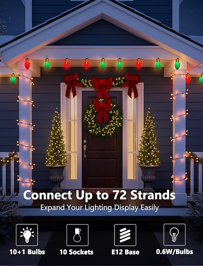 Red and Green Jumbo Christmas Lights Outdoor, 16ft Jumbo C7 (5") Diamond Pattern Bulbs, Connectable Large Outdoor | Lumora
