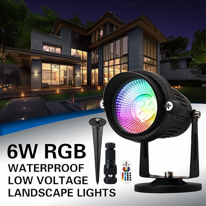 6W RGB Landscape Lighting Low Voltage,16 Color Changing Landscape Lights,12V~24V Outdoor Colored Spotlight for Garden,Birthday,Halloween,Christmas Party Decorative(6Pack)