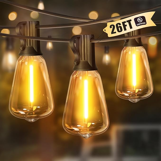 LAMPHOME Outdoor String Lights, 26FT Patio Lights with 12+1 ST38 LED Edison Bulbs (1 Spare), Connectable String | Lumora