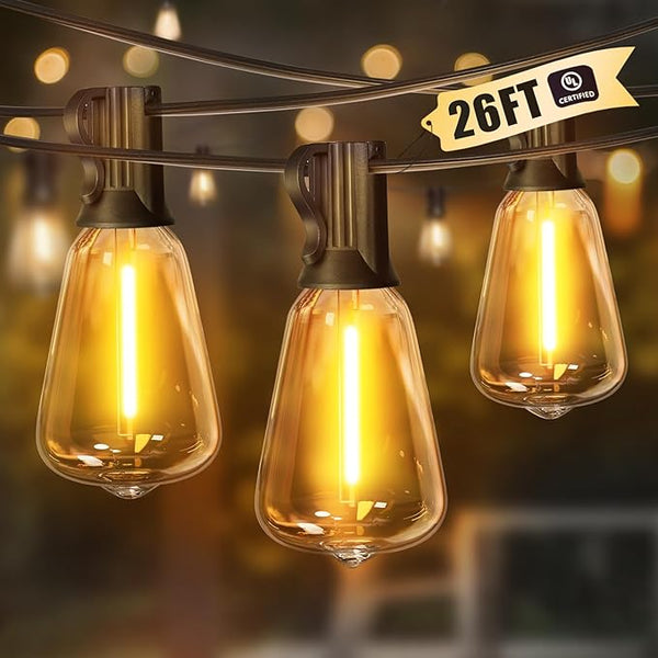 LAMPHOME Outdoor String Lights, 26FT Patio Lights with 12+1 ST38 LED Edison Bulbs (1 Spare), Connectable String | Lumora