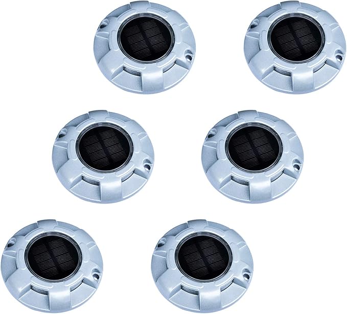 Solar Round Dock Light Waterproof Cast Aluminum Solar Deck Light 6LED Auto On/Off Security Warning Light for Driveway Path Step Pool Patio Garden (6-Pack)