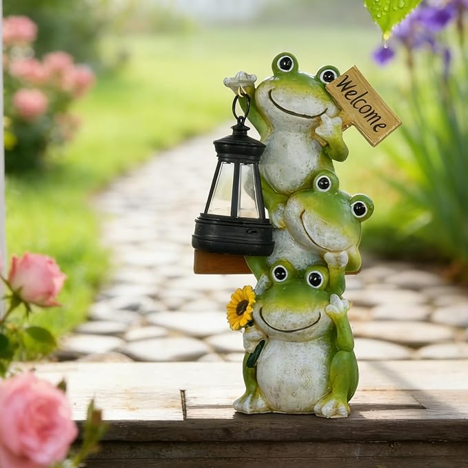 Solar Powered Frog Garden Decor with Lantern, 11.6 Inch Cute Outdoor Frog Statue LED Light – Automatic Solar Light | Lumora