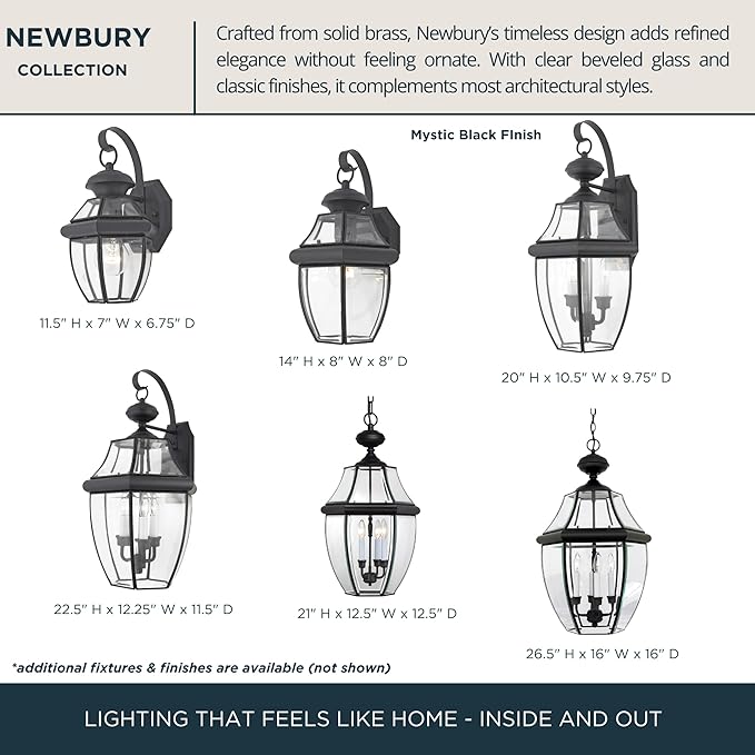 Quoizel Newbury Outdoor Wall Lantern, 14 Inch 1-Light Mystic Black Wall Sconce, French Country Exterior Wall Lantern Fixture, E26 Base, Clear Glass, Outside Lights for Patio, Porch, Garage or Yard