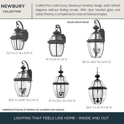Quoizel Newbury Outdoor Wall Lantern, 14 Inch 1-Light Mystic Black Wall Sconce, French Country Exterior Wall Lantern Fixture, E26 Base, Clear Glass, Outside Lights for Patio, Porch, Garage or Yard