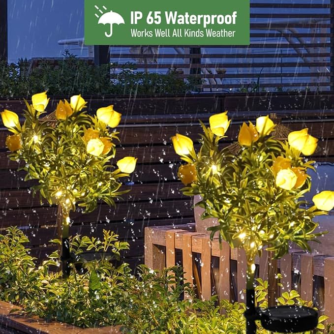 Solar Flower Lights Outdoor Realistic Tulip Gardenia Tree Lamps Wireless Design IP65 Waterproof Auto Day 6-8h/Night 8-10h Larger Solar Panel