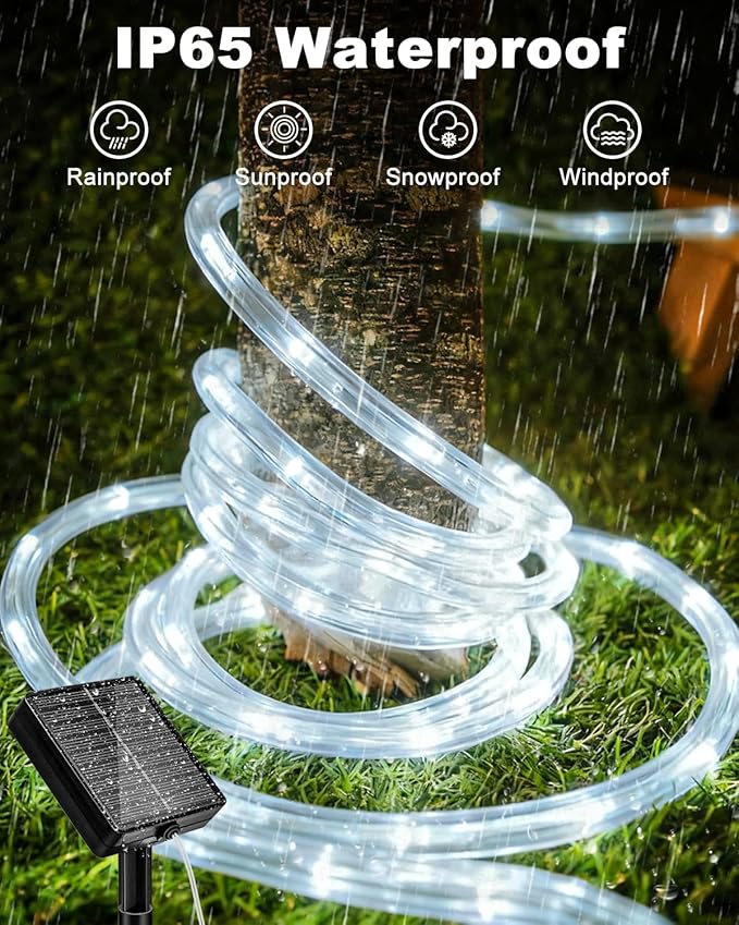 btfarm Solar Rope Lights Outdoor, 120LED 46FT Solar String Lights Outside Waterproof, 8 Lighting Modes Tree Tube Fairy Light Solar Powered for Garden Christmas Yard Party Decorations, Cool White