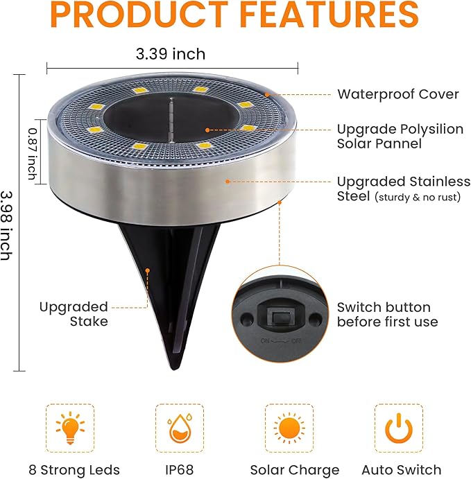 Siatom Stainless Steel Solar Ground Lights 8 Pack, IP68 Waterproof Solar In-Ground Light for Outdoor, Flat | Lumora