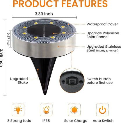 Siatom Stainless Steel Solar Ground Lights 8 Pack, IP68 Waterproof Solar In-Ground Light for Outdoor, Flat Landscape Lighting, Garden Disc Light for Pathway, Walkway, and Yard - 8 Pcs (Cold White)