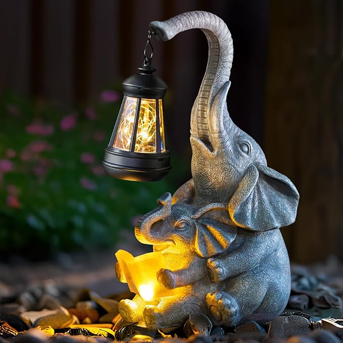 Solar Garden Statue Lights Loving Elephants Figurine with Solar Lantern, Outdoor Yard Decorations for Patio Porch | Lumora
