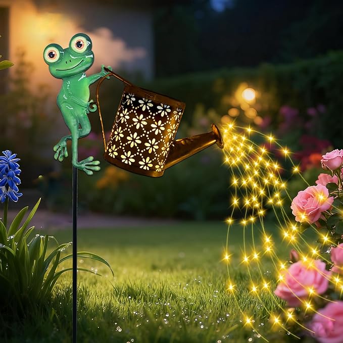 Solar Watering Can with Cascading Lights Outdoor Garden Decor, Frog Shaped Hook Gardening Gifts for Mom Women | Lumora