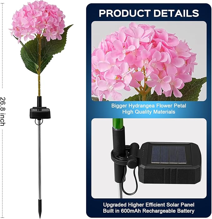 2 Pack Solar Garden Lights Outdoor, LED Colorful Waterproof Solar Powered Hydrangea Flowers Landscape Lights for Patio, Outside Yard, Pathway Decorative, Décor, Two Lightning Modes