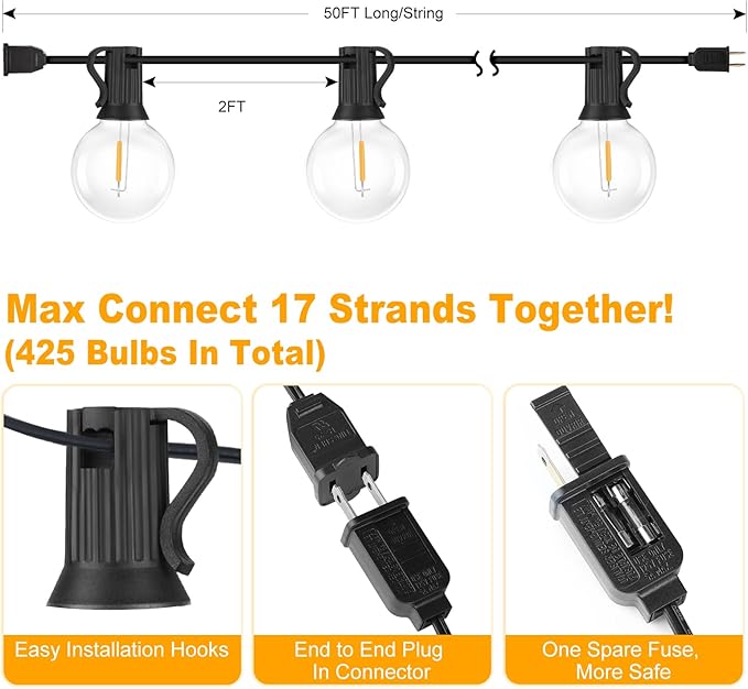 Bosceos 50FT Outdoor G40 LED Globe String Lights Dimmable Waterproof Shatterproof Light Strings with 25 Bulbs | Lumora