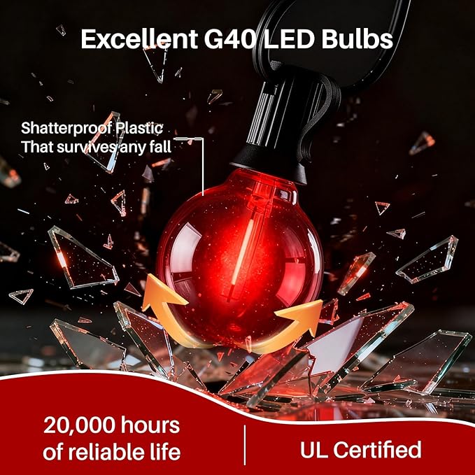 50 FT Red Outdoor String Lights G40 Globe Shatterproof Patio Lights,26 Plastic Edison Bulbs(2 Spare) IP65 Waterproof Dimmable LED Bulbs for Backyard Porch Balcony Party Decor, E12 Base,