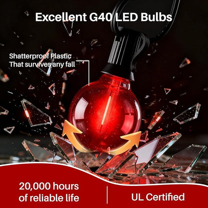 50 FT Red Outdoor String Lights G40 Globe Shatterproof Patio Lights,26 Plastic Edison Bulbs(2 Spare) IP65 Waterproof Dimmable LED Bulbs for Backyard Porch Balcony Party Decor, E12 Base,