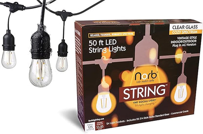 NorbSTRING 50FT LED String Lights – Plug-in Outdoor Weatherproof Lights, Cozy Candle-Like Warm White Glow, Shatterproof Commercial-Grade Bulbs for Patio, Backyard, Deck & Events, Energy-Efficient