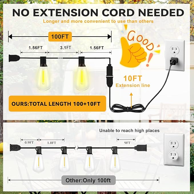 100+10FT LED Outdoor String Lights, Patio Deck Lights with 50+2 Shatterproof ST38 Edison Bulbs, Dimmable Warm White | Lumora