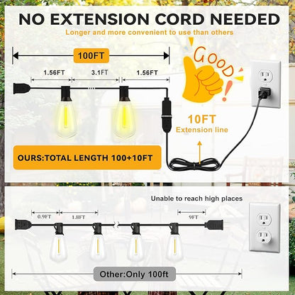 100+10FT LED Outdoor String Lights, Patio Deck Lights with 50+2 Shatterproof ST38 Edison Bulbs, Dimmable Warm White Waterproof Outside Hanging Lights Connectable for Backyard Porch Garden
