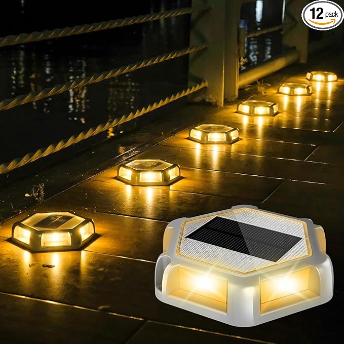 Solar Dock Lights Driveway Deck Lights - 12 Packs Waterproof Outdoor LED Aluminum Dock Lighting Warning Step Light for Driveway Sidewalk Garden Pathway Yard (Warm White)