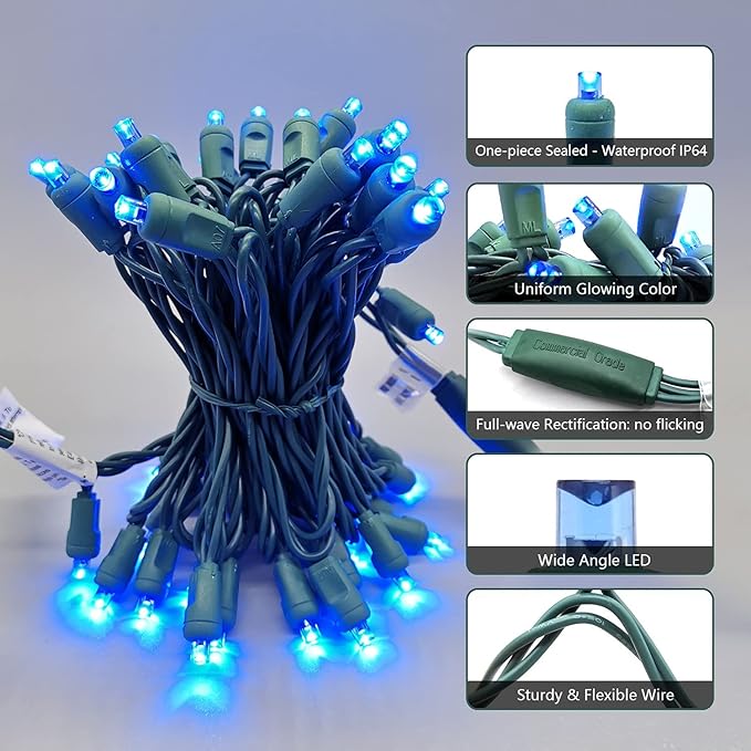 Christmas String Lights 50 Blue LED 5mm Mini LED String Lights, 120V UL, 17ft Green Wire Xmas Lights for Indoor & Outdoor Use, Holiday Party Decorations,Trees, Light Displays