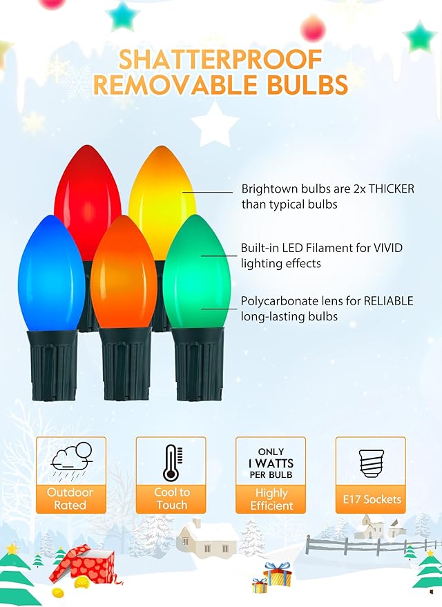 Vintage C9 LED Christmas Lights Outdoor, 150 Feet C9 String Lights with 75 Shatterproof C9 Bulbs, Waterproof | Lumora
