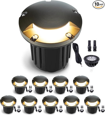 Gardenreet LED Well Lights Brass - In-Ground All Weather Replaceable Bulb Low Voltage Lighting, 12V Wired Light, Antique Bronze for Outdoor Pathway Lawn with 2700K Warm White MR16 Bulb