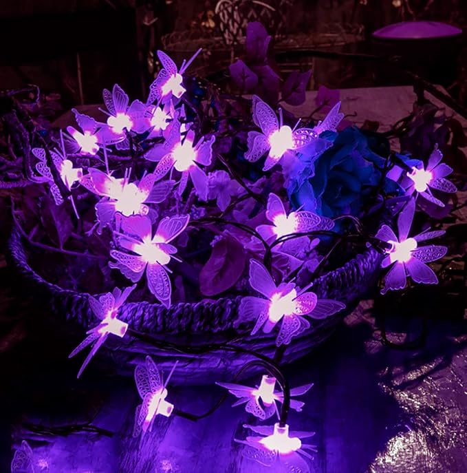 Butterfly String Lights,AMZSTAR Waterproof 20FT 30LED Butterfly Solar Light Outdoor Solar Rope Lights Fairy Light Decorative Garden Lights for Cafe Patio Party Garden Wedding (Purple)