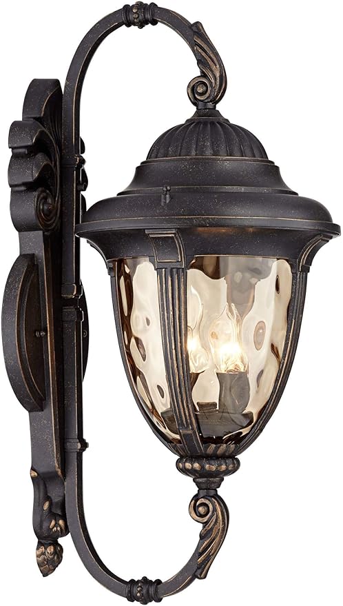 John Timberland Bellagio Outdoor Wall Light Fixture Veranda Bronze Aluminum Double Arm 27 1/2" Champagne Hammered Glass for Exterior House Porch Patio Outside Deck Garage Yard Front Door Home