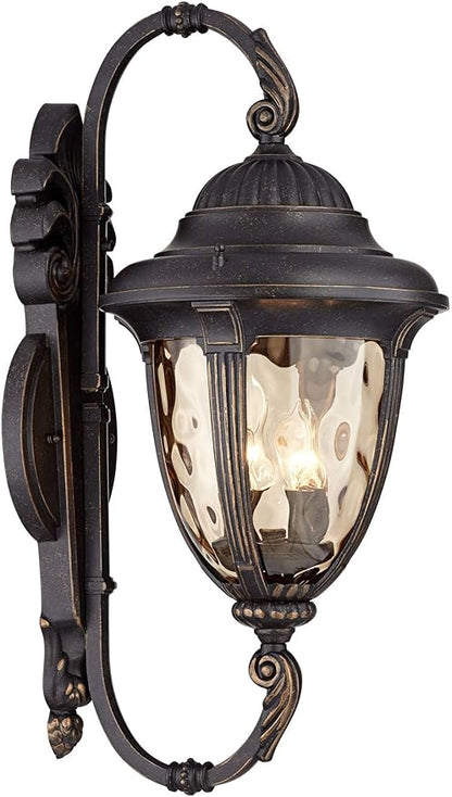 John Timberland Bellagio Outdoor Wall Light Fixture Veranda Bronze Aluminum Double Arm 27 1/2" Champagne Hammered Glass for Exterior House Porch Patio Outside Deck Garage Yard Front Door Home
