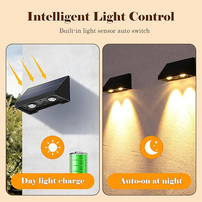 Solar Wall Lights-4 Pack,IP65 Waterproof Outdoor,40 Lumens Brighter Double LED, Auto On/Off, Warm White for Fence, Patio, Steps, Backyard