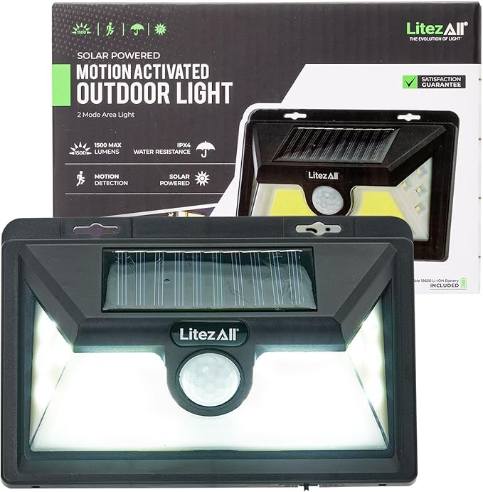 LitezAll 1500 Lumen Solar Night Light Outdoor – Solar Powered Motion Light for Deck, Garage - LED Lights Outdoor