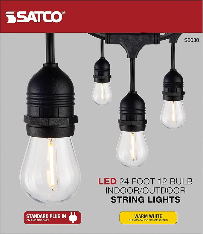 Satco S8030 LED Indoor/Outdoor String Lights, Black, S14 Bulbs, 24 Feet (Pack of 1)