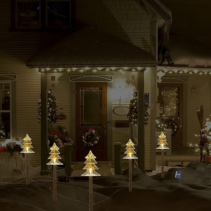 BRIGHTDECK Christmas Solar Pathway Lights Outdoor Decorations，Xmas Tree Lights Waterproof Led Garden Stake Light for Walkway Yard Lawn Porch Holiday Decor 5-Pack (Small Tree, 5 Pack)