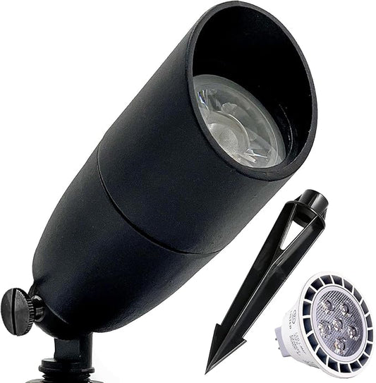 LED Spot Lights Outdoor 7W LED Landscape Light 111 - Black Solid Metal Low Voltage Lighting Spotlight Outdoor for Long Lasting Home Garden Area Landscape Lighting with MR16 Bulb, Stake and Connectors