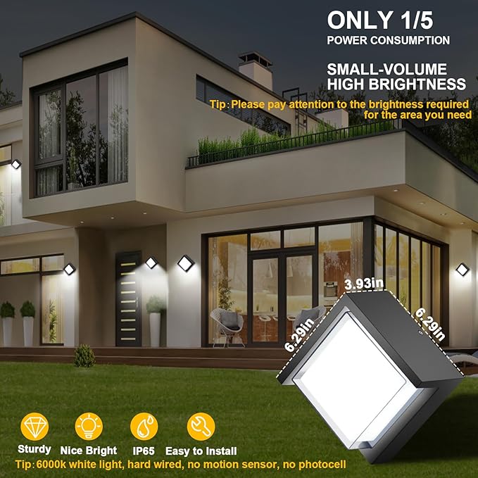 Outdoor Wall Light, 6000K Daylight Small Anti Rust Exterior Wall Lighting Fixtures, Black Square Wall Mount 12W LED | Lumora