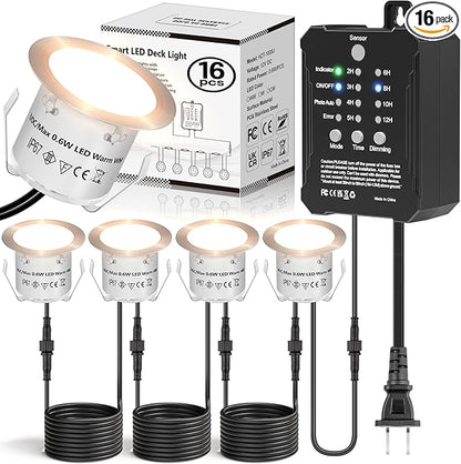 HIBOITEC Low Voltage Deck Lights Recessed Kit with Transformer Dimmable Timer and Photocell Sensor Outdoor LED Deck Lighting IP67 Waterproof 2700K for Stair Step Outdoor Garden Yard 16 Packs