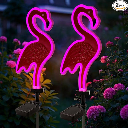 Solar Flamingo Pink Neon Light - 2Pack 42 inch Metal Garden Stake Lights, Flamingo Gifts for Women Path Lighting for Yard Lawn Patio Walkway Decor