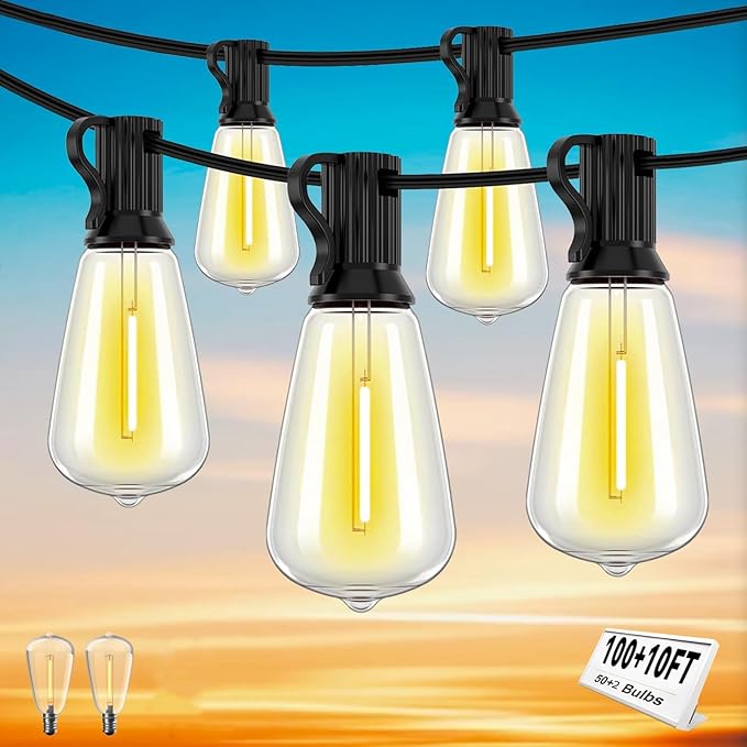 100+10FT LED Outdoor String Lights, Patio Deck Lights with 50+2 Shatterproof ST38 Edison Bulbs, Dimmable Warm White | Lumora