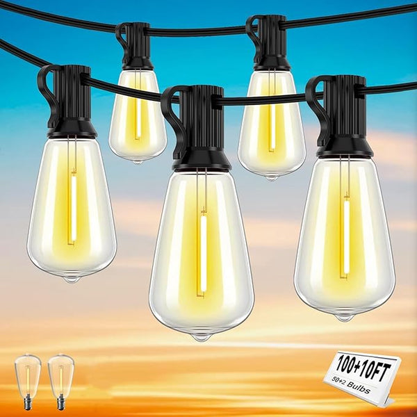 100+10FT LED Outdoor String Lights, Patio Deck Lights with 50+2 Shatterproof ST38 Edison Bulbs, Dimmable Warm White | Lumora