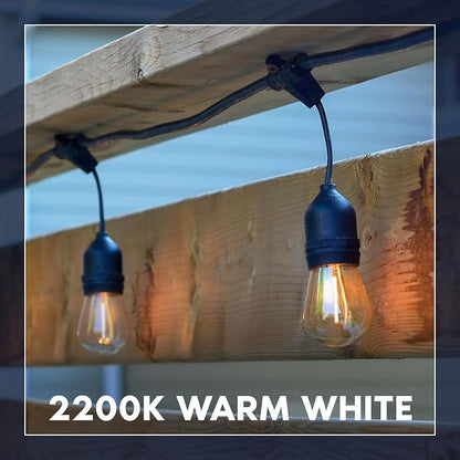 LUXRITE 48FT LED Outdoor String Lights Commercial Grade Waterproof, 24 Edison S14 Shatterproof Bulbs, Hanging Lights for Patio, IP65, Decorative Outside Lights for Backyard Garden Cafe Balcony